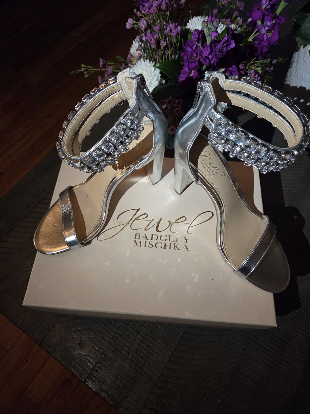 Badgley Mischka Jewel Silver Jeweled Ankle-Strap Heels